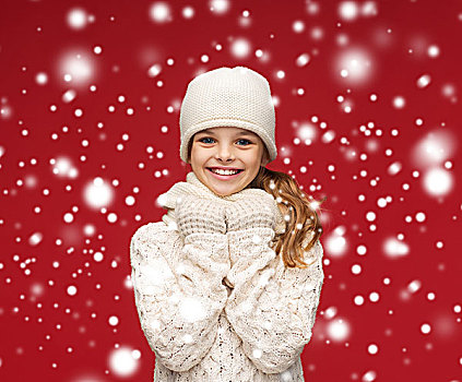 冬天,高兴,圣诞节,概念,微笑,女孩,白色,帽子,围巾,手套