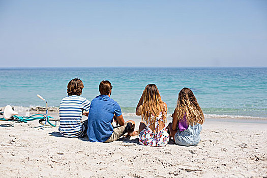 后视图,朋友,坐,晴天,岸边,海滩