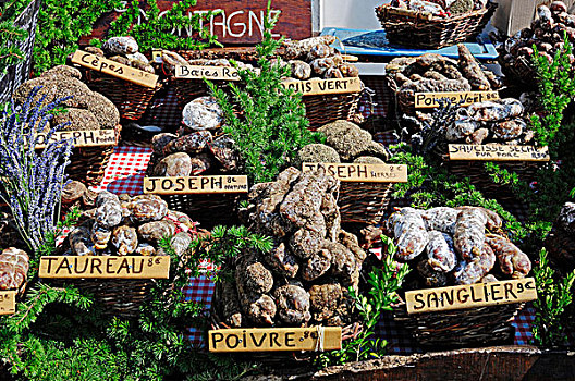 市场货摊,多样,香肠,沃克吕兹省,法国,欧洲
