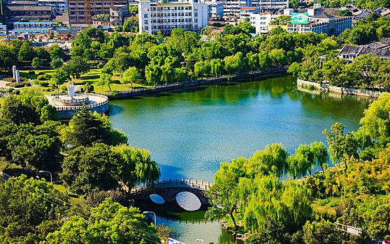 俯瞰,全景,桥,公园,绿色,湖,水,老房子,城市