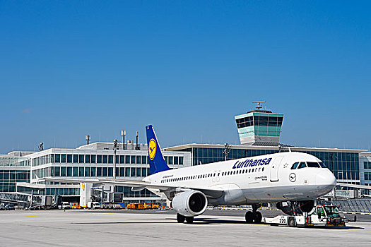 汉莎航空公司,空中客车,卡车,塔,卫星,航站楼,慕尼黑,巴伐利亚,机场,德国,欧洲