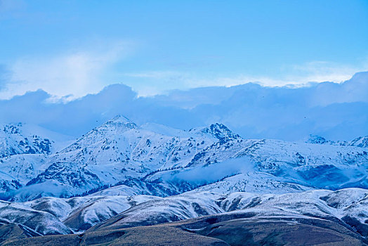 新疆北疆草原上的雪山