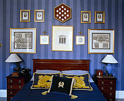 蓝色,卧室,条纹,壁纸,双人床,木质,床头板