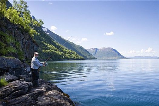 钓鱼,男人,峡湾,挪威