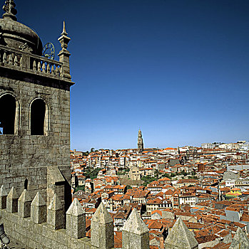 葡萄牙,大教堂,塔,城镇,天际线