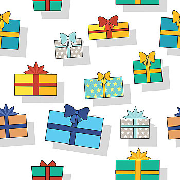 无缝,图案,礼盒,彩色,包装,漂亮,礼物,盒子,压制,蝴蝶结,多样,白色背景,背景,象征,圣诞礼物,矢量,插画
