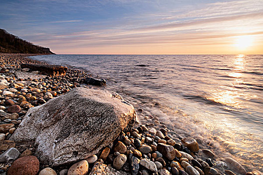 日出,吻,石头,水,岸边,密歇根湖,威斯康辛,美国