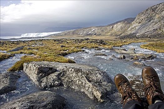 格陵兰,冰河,后视,泻湖,正面,围绕,山,一对,传统,远足鞋