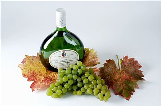瓶子,白葡萄酒,绿葡萄,品种,叶子