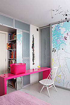 白色,木椅,正面,现代,粉色,书桌,篮子,屋角,合适,柜厨