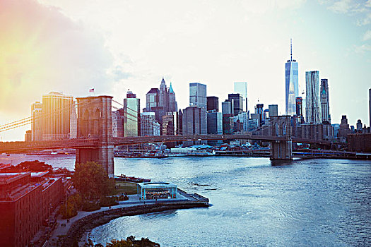 城市,风景,纽约,布鲁克林大桥,日落