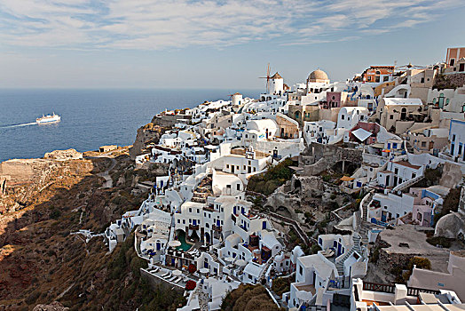 俯拍,传统,刷白,房子,希腊,岛屿,船,地中海,远景