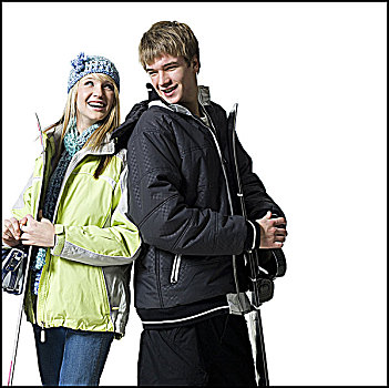 女青年,男孩,冬天,外套,滑雪,微笑