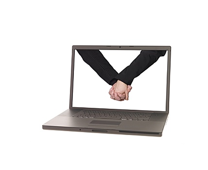 笔记本电脑,展示,两个男人,握手
