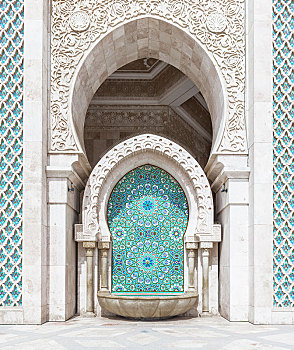 装饰,户外,墙壁,喷泉,图案,哈桑二世清真寺,大,哈桑二世,摩尔风格,建筑,卡萨布兰卡,摩洛哥,非洲