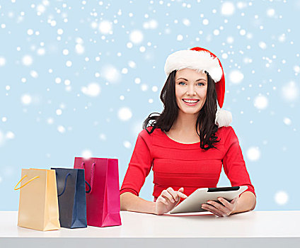 圣诞节,圣诞,网上购物,概念,女人,圣诞老人,帽子,礼盒,平板电脑,电脑