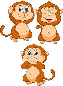 三个,智慧,猴子,卡通