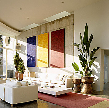 客厅,地中海,房子,品牌家居,正面,混凝土墙,坚实,彩色,抽象,艺术品