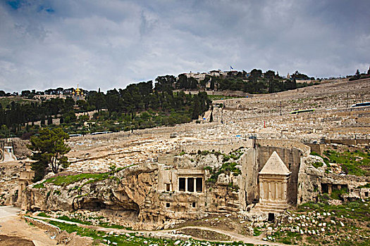 以色列,耶路撒冷,山谷,洞穴,圣徒,柱子,俯视图