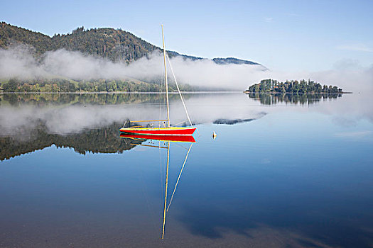 船,湖,晨雾,上巴伐利亚,巴伐利亚,德国,欧洲