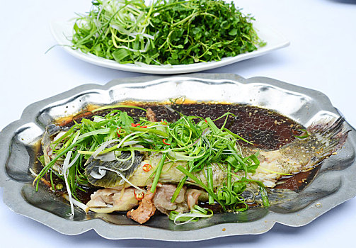 炒制,石斑鱼,鱼肉,酱,洋葱,蔬菜,铁,大浅盘