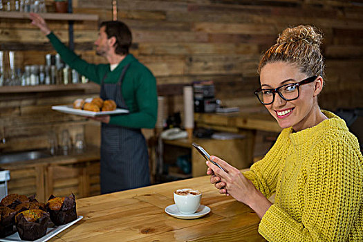 头像,高兴,女人,打手机,咖啡馆,咖啡师,工作,背景