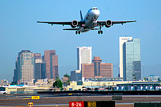 飞机,飞,空中,摩天大楼,背景,机场,凤凰城,亚利桑那,美国