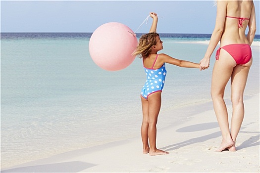 母女,跑,美女,海滩,气球