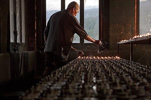 一个,男人,亮光,蜡烛,庙宇,不丹