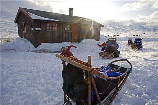 挪威,特罗姆瑟,遥远,山区木屋,提供,许多,蔽护,极限,冬天,寒冷