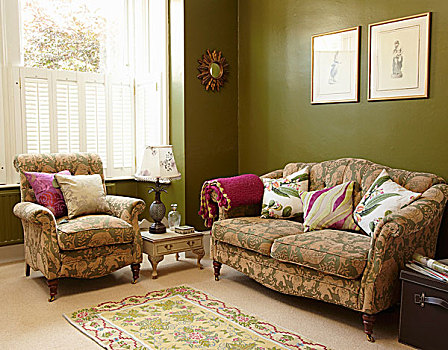 绿色,图案,沙发,散落,垫子,墙壁