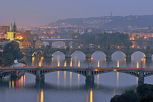 布拉格,黎明,风景,桥,伏尔塔瓦河,捷克共和国