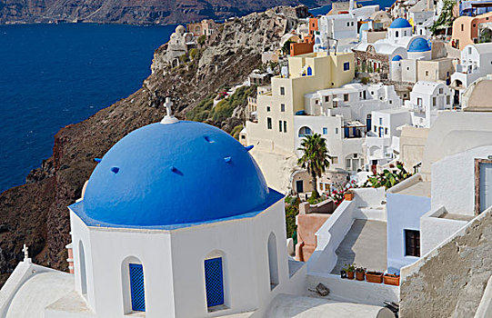 白色,建筑,陡坡,蓝色,圆顶,教堂,山,锡拉岛,希腊,希腊群岛