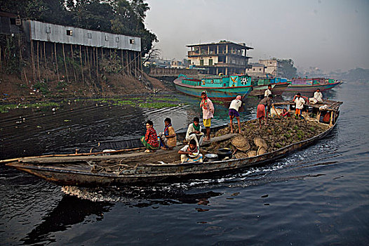 船,土地,低,陆地,河,靠近,桥,近郊,达卡,城市,孟加拉,二月,2007年