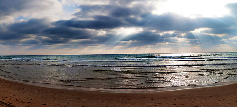 太阳光线,云,全景,海滩,以色列,亚洲