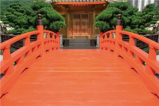 红色,桥,中式花园