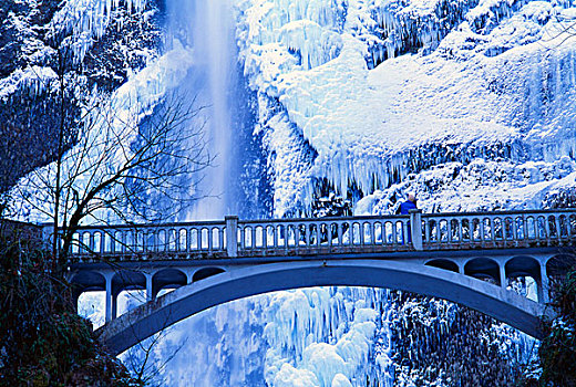 桥,马尔特诺马瀑布,冬天,哥伦比亚河峡谷,俄勒冈,美国