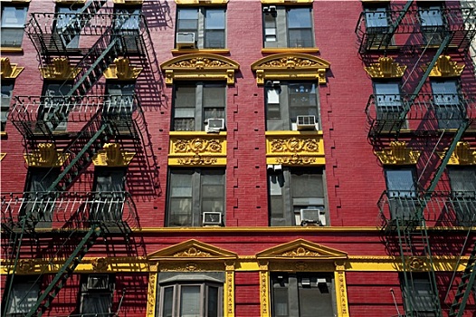 红色,黄色,砖,公寓楼,唐人街