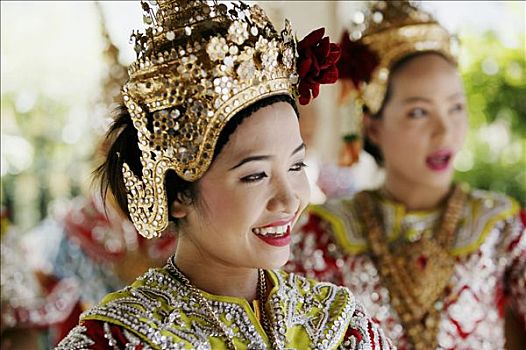 泰国人,舞者,老,服饰,神祠,庙宇,曼谷,泰国