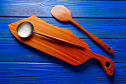 厨师,工具,木头,抹刀,桌子,木板,蓝色,木质背景