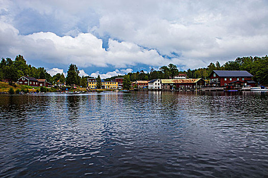 城镇景色,湖,瑞典