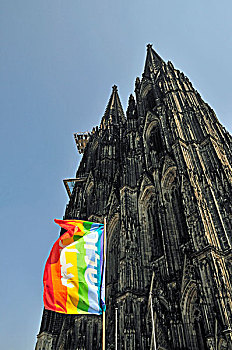 平和,旗帜,正面,科隆,大教堂,北莱茵威斯特伐利亚,德国,欧洲
