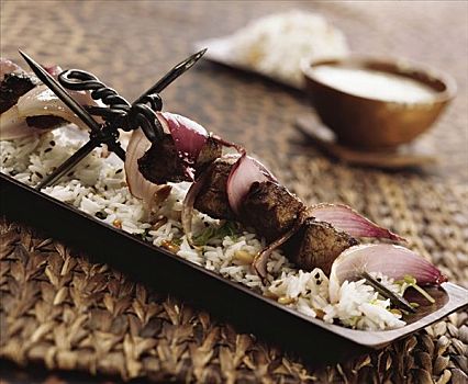 肉串,辛辣,米饭,松子