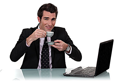 英俊,商务人士,笔记本电脑,咖啡杯