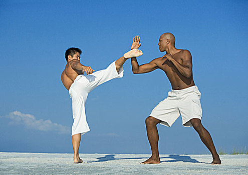 两个男人,练习,武术,海滩