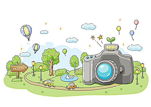 插画,数码相机,热气球,背景