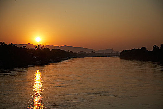 风景,河,傍晚,日落,北碧府,泰国,亚洲