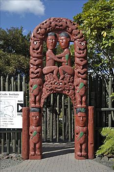 入口,木刻,乡村,罗托鲁瓦,岛屿,新西兰