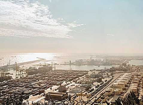 俯视图,港口,船,起重机,巴塞罗那,西班牙