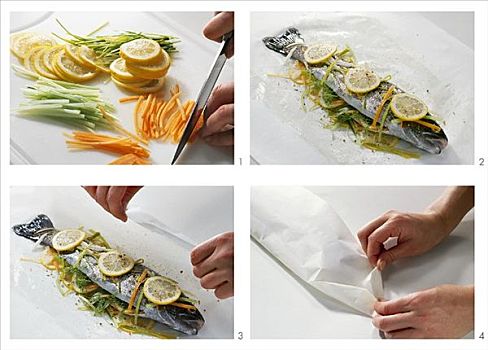 烹调,鲑鱼,蔬菜,羊皮纸